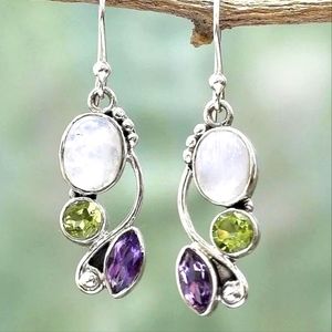 Amethyst, peridot, pearl drop earrings.